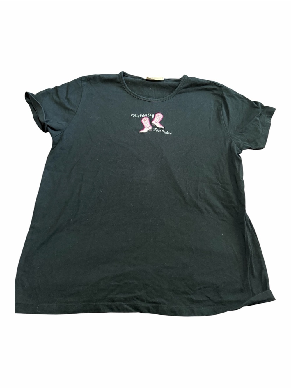 Vintage “Not My First Rodeo” Black Tee Embroidered Pink Western Boots Country